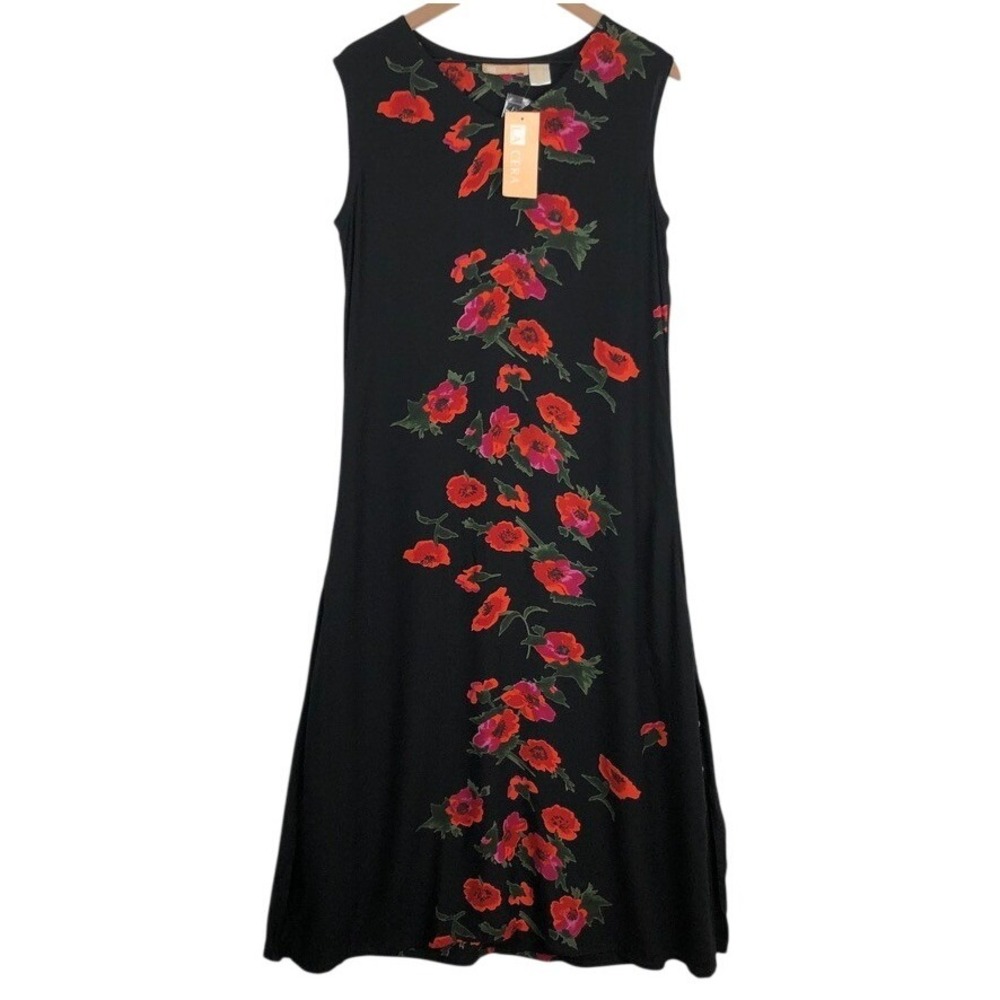 La Cera Black Floral Poppy Print Sleeveless Rayon Maxi Dress XL New 2771